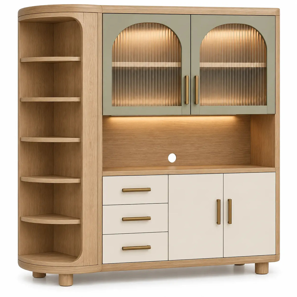Armario de almacenamiento con formas arqueadas y puertas acristaladas, marrón, blanco y verde