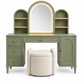 Tocador con espejo con formas arqueadas y estantes, verde y beige