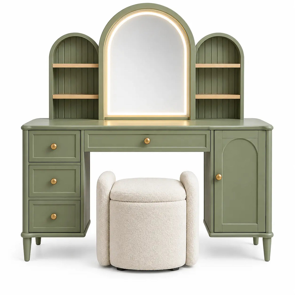 Tocador con espejo con formas arqueadas y estantes, verde y beige